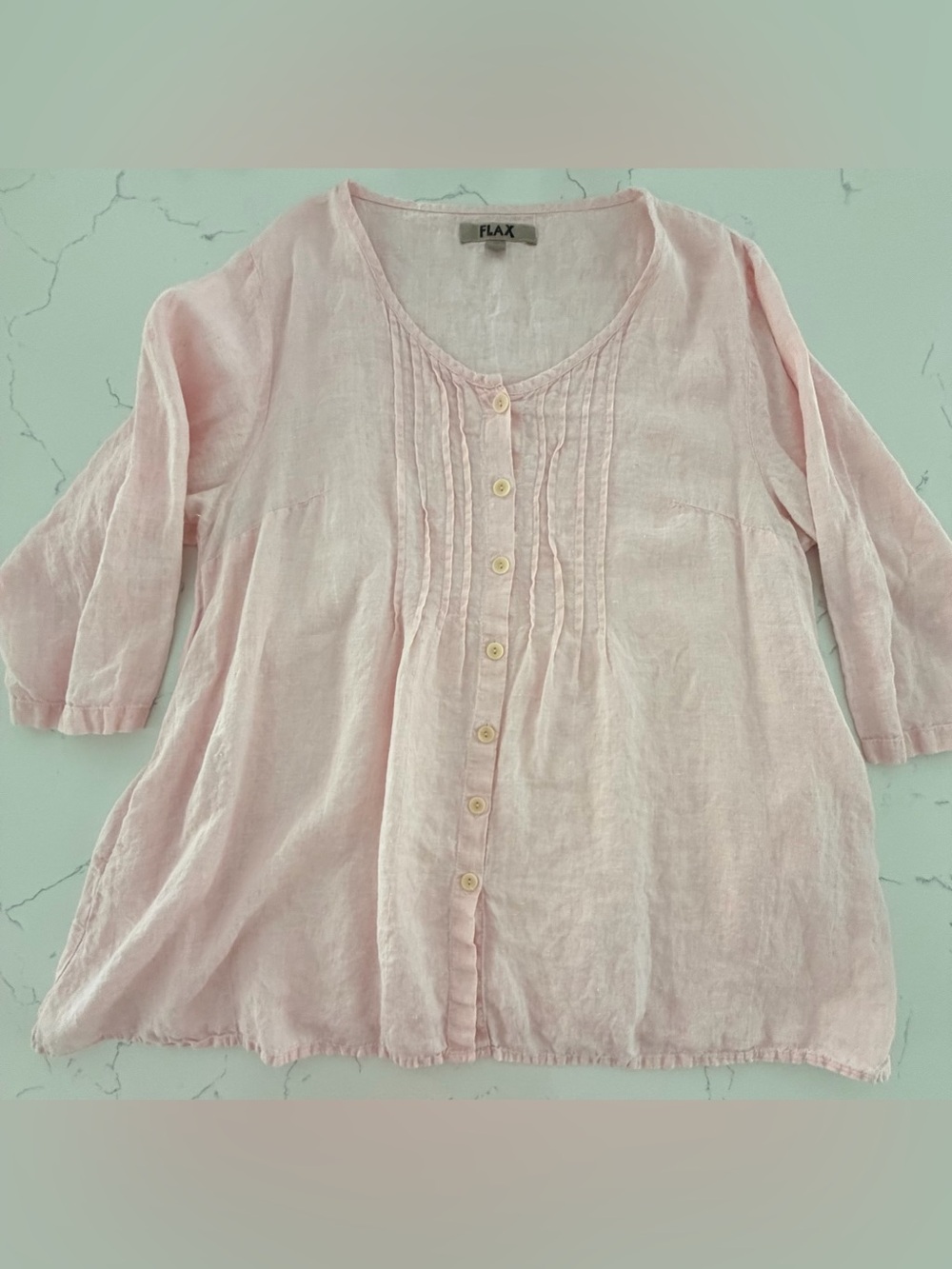 FLAX 100% Linen Blush Pink Pintuck Button Tunic Top M Lagenlook Coastal